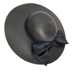 Vintage Black Straw Hat by Miss Bierner with Satin Band and Bow NWT RN 10587